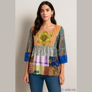 Place Nationale Silk Kaftan Tunic Patchwork Bell Sleeves V-Neck Peasant Nuuly 1X